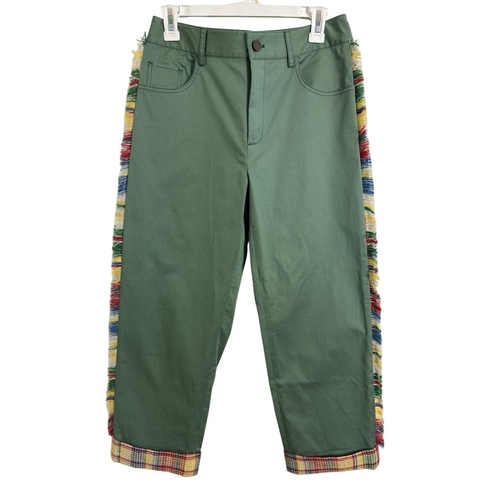 Monse Green Wide Leg Fringe Trim Cropped Pants Size 2 Plaid Cuffed Hems Boho